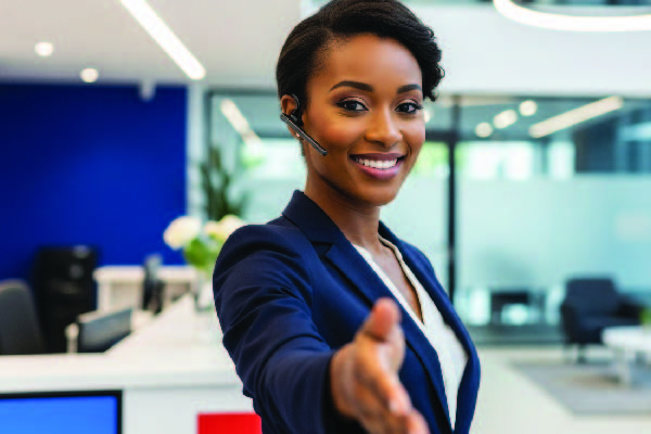 Woman receptionist wearing an earpiece stretching her hand for a handshake